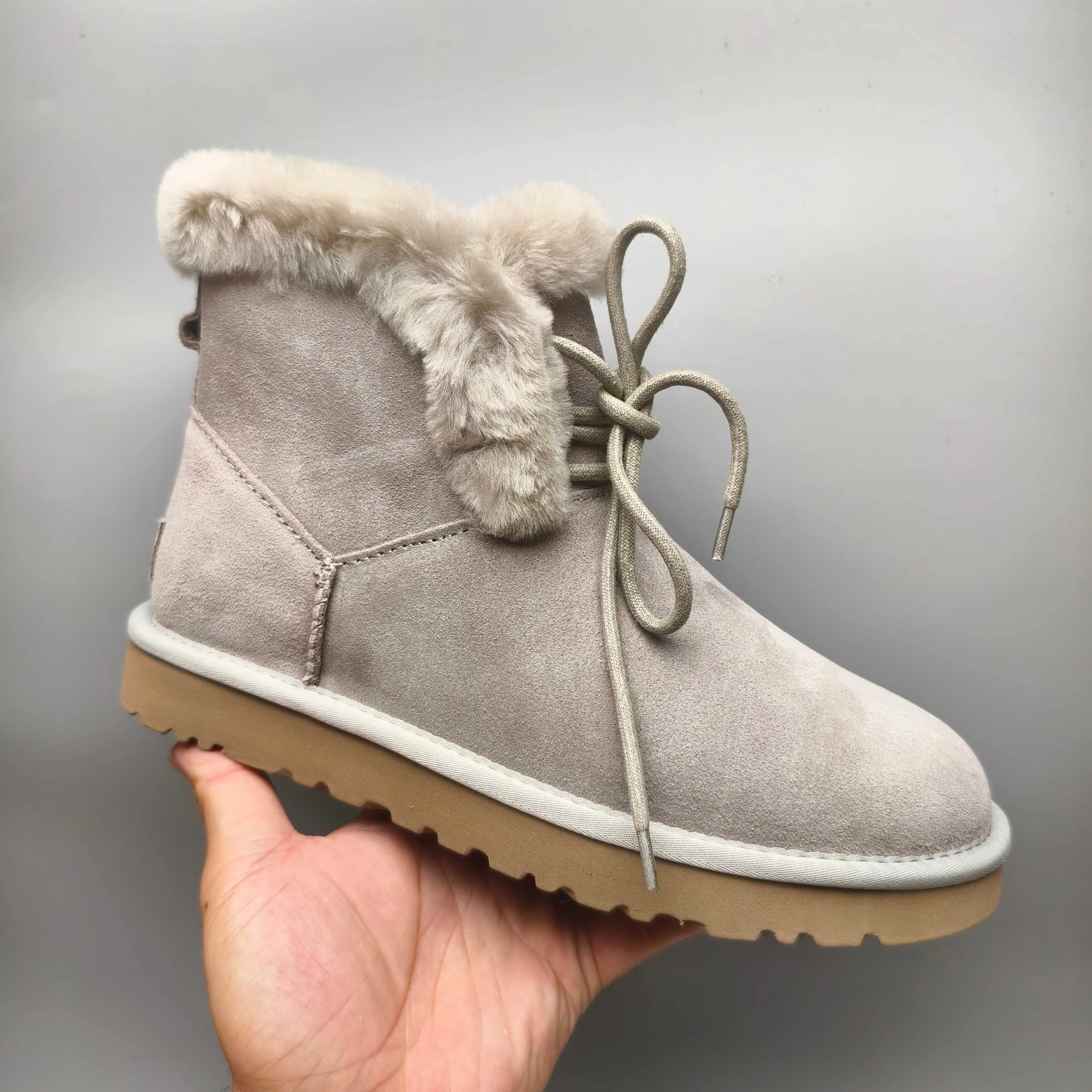 💰520 UGG sheepskin all-in-one snow boots 4576 mid-calf lace-up casual women's shoes Color: Gray Maroon Black Matching Size: 35-40